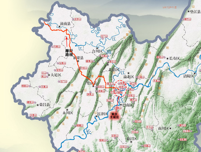 便要穿越重庆平行岭的三条山脉——中梁山(歌乐山),缙云山和云雾山.
